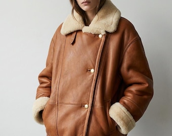 Chaqueta vintage de piel de oveja color canela, estilo bohemio de los 90, ideal para mujer. Abrigo oversize de piel de oveja, cálido, con forro de lana. Un regalo perfecto para ella.