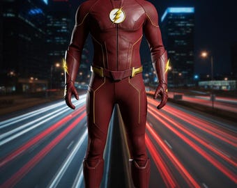 Disfraz de Flash para cosplay - Traje de superhéroe de licra roja premium para adultos - Traje de Halloween de DC Comics - Mono de velocista con emblema