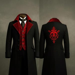 Gothic Victorian Men's Black Wool Trench Coat, Red Velvet Waistcoat Steampunk Vampire Tailcoat, Formal Regency Frock Jacket Costume Outfit