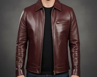 Handmade Men's Leather Jacket in Burgundy, Classic Shirt Collar, Slim Fit Biker Style, Oxblood Maroon Retro Outerwear, Minimalist Coat