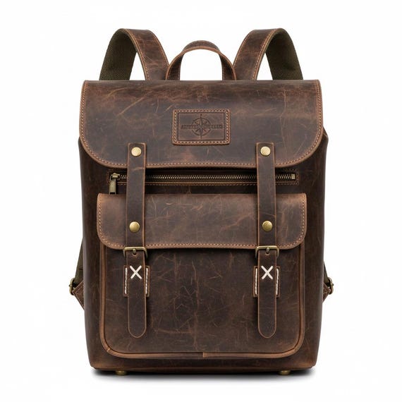 distressed brown leather backpack Way Zipper With Metal Pullers Outside Hidden Zip Pocket At Back Panel Mens Leather Backpack-Distressed Brown Backpack