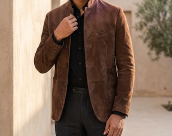 Mens Brown Suede Leather Jacket, Vintage Mandarin Collar Blazer, Handmade Stand Collar Buttoned Coat, Tailored Menswear, Unique Gift for Him