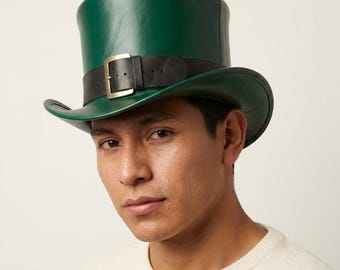 Handmade Green Leather Top Hat with Buckle Band, Victorian Steampunk Mad Hatter Style, Premium Festival Headwear, Custom Cosplay Accessory