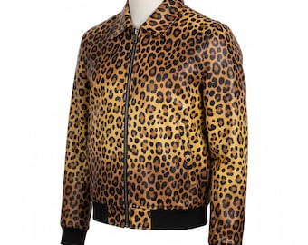 Men's Leopard Print Jacket, Faux Leather Animal Print Bomber, Bold Statement Coat, Trendy Short Zip Up Biker Jacket, Fashion Outerwear