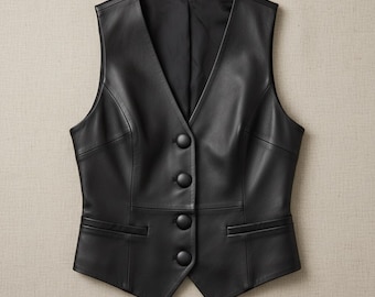 Chaleco de cuero negro para mujer, ajustado, con botones, cuello en V, estilo motociclista, sin mangas, ideal para un look casual o formal.