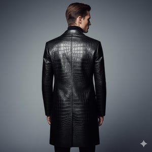 mens leather trench coat, black crocodile jacket, alligator skin overcoat, long leather jacket men, luxury winter outerwear, gothic fashion coat, matrix style clothing, embossed cowhide coat, textured leather blazer, formal menswear, gift for husband, boyfriend birthday gift, slim fit long coat, streetwear fashion, exotic skin jacket, warm winter jacket, black duster coat, single breasted trench, genuine leather apparel, bespoke mens clothing, unique fashion statement, christmas gift him