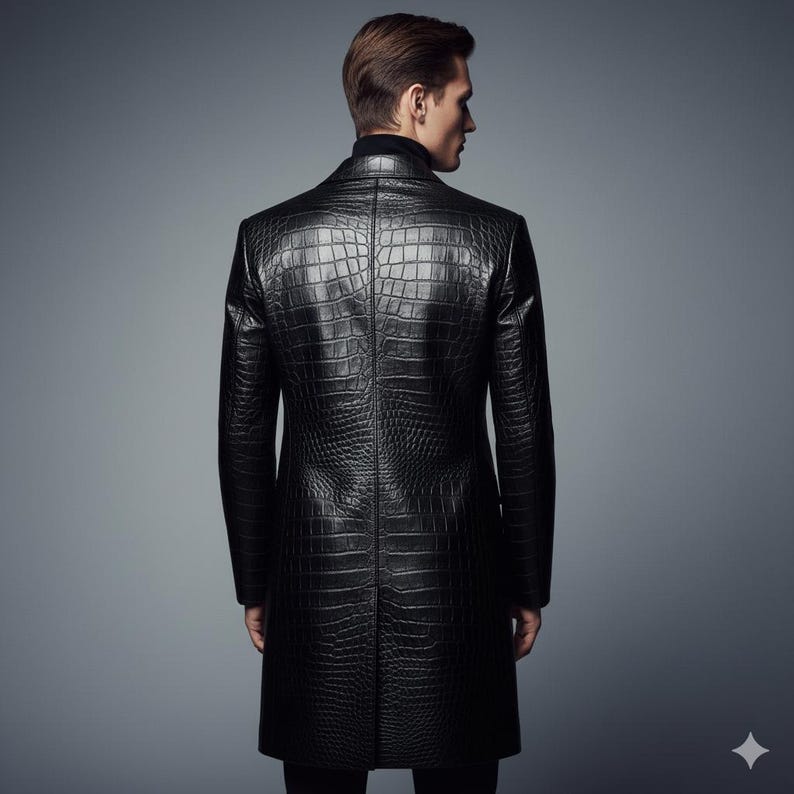 mens leather trench coat, black crocodile jacket, alligator skin overcoat, long leather jacket men, luxury winter outerwear, gothic fashion coat, matrix style clothing, embossed cowhide coat, textured leather blazer, formal menswear, gift for husband, boyfriend birthday gift, slim fit long coat, streetwear fashion, exotic skin jacket, warm winter jacket, black duster coat, single breasted trench, genuine leather apparel, bespoke mens clothing, unique fashion statement, christmas gift him