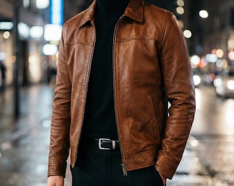 Chaqueta de cuero marrón para hombre, cuello camisero, abrigo de camionero con cremallera, ropa de abrigo informal de invierno, estilo vintage, piel de cordero, hecha a mano, regalo para él, esposo o papá.
