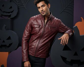 Mens Maroon Real Leather Cafe Racer Jacket - Slim Fit Quilted Shoulder Biker Moto Coat - Burgundy Distressed Lambskin Leather Gear for Him