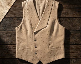 Men's Ostrich Leather Double Breasted Waistcoat - Premium Cream Slim Fit Western Style Biker Vest - Elegant Textured Suit Gilet for Groom