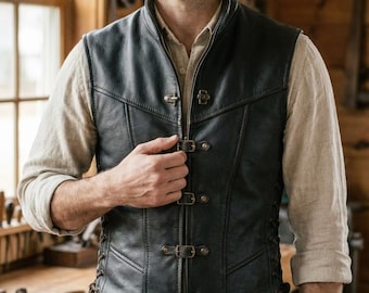 Chaleco medieval de cuero negro, chaqueta renacentista con cordones laterales y cuello alto, chaleco de pirata para cosplay de hombre, chaqueta gótica steampunk para LARP.