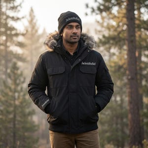 May include: A black winter jacket with a faux fur-trimmed hood, featuring the text JacketsStuffed on the chest and sleeve. The jacket is paired with a matching black beanie that also displays the white text JacketsStuffed on the front.
