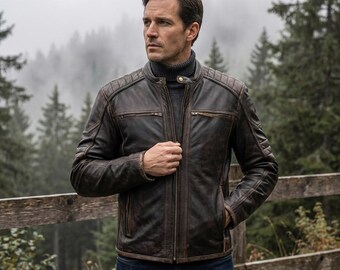 Men's Distressed Brown Leather Cafe Racer Jacket - Genuine Cowhide Retro Biker Slim Fit Moto Coat with Quilted Shoulders & Zippered Pockets