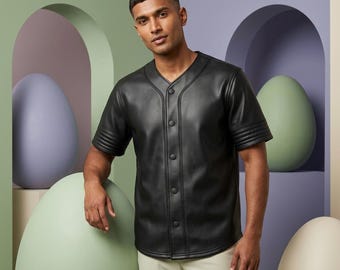Black Vegan Leather Baseball Jersey - Men's Premium Faux Leather Athletic Shirt, Luxury Streetwear Short Sleeve Button Up,Edgy Urban Fashion