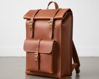 Handmade Full Grain Leather Rolltop  Backpack  Brown Laptop Rucksack for Men & Women Minimalist Vintage Travel Bag  Anniversary Gift
