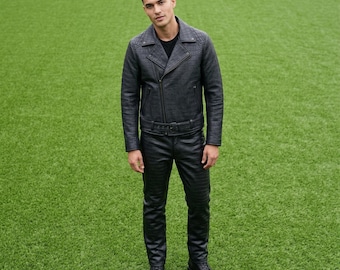 Chaqueta negra de piel sintética con relieve de cocodrilo para hombre, abrigo de motociclista de piel vegana con textura de cocodrilo, prenda de abrigo de lujo de estilo gótico urbano. Regalo ideal.