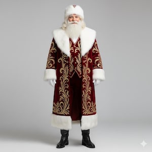 Puede incluir: Un disfraz de Papá Noel con un abrigo y chaleco de terciopelo burdeos con bordados dorados. El abrigo tiene ribete de piel sintética blanca en el cuello, puños y dobladillo. Un sombrero y barba blancos completan el conjunto festivo. Botas negras.