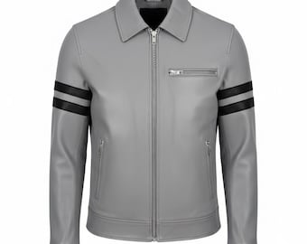 Mens Grey Leather Cafe Racer Jacket, Handmade Real Sheepskin Biker Coat with Black Arm Stripes, Slim Fit Retro Motorcycle Fashion Outerwear