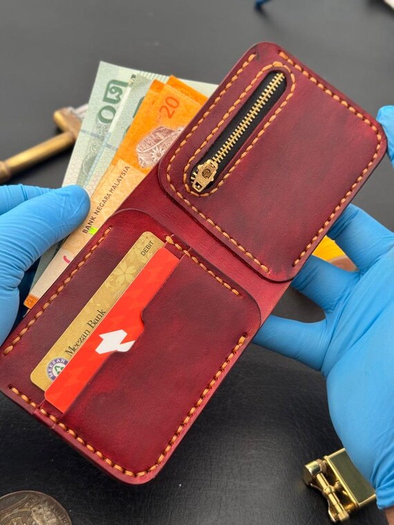 Mens Leather Wallet Bifold Zipper Coin Pocket Maroon Hand Stitched Full Grain Billfold Slim Card Holder Custom Anniversary Gift for Him Box