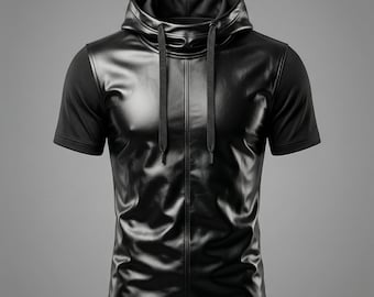 Mens Black Faux Leather Short Sleeve Hoodie, Slim Fit Urban Streetwear Hooded T-Shirt, Gothic Punk Cyberpunk Style Techwear Active Top