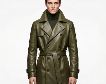 Mens Olive Green Leather Trench Coat, Double Breasted Long Overcoat, Belted Winter Jacket, Real Sheepskin Duster, Handmade Gift For Him