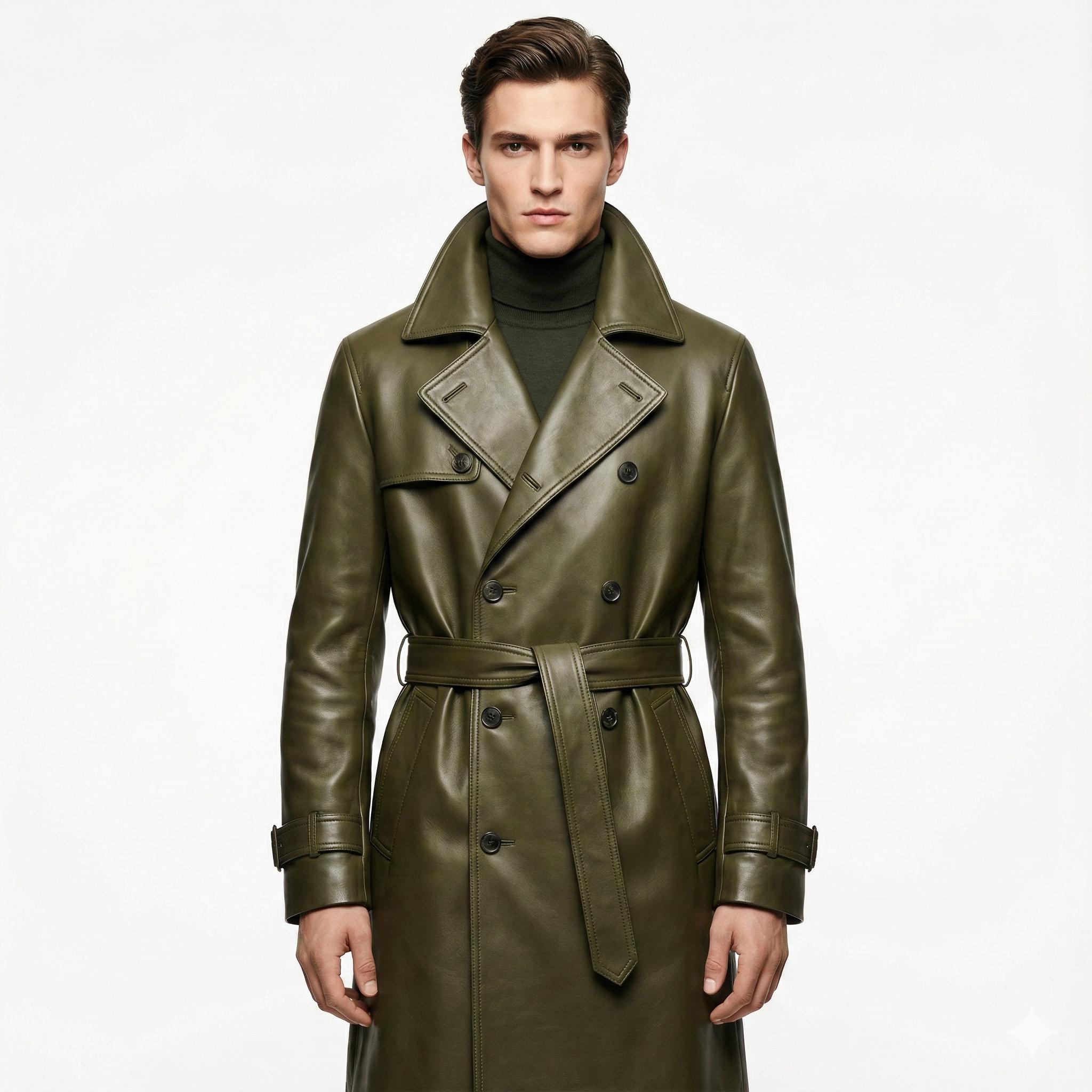 Mens Olive Green Leather Trench Coat, Double Breasted Long