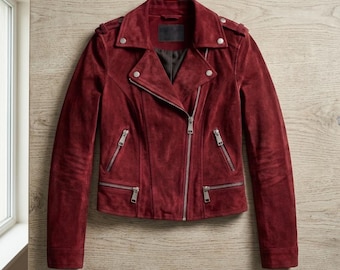 Women's Burgundy Suede Leather Biker Jacket, Handcrafted Maroon Asymmetric Zip Moto Coat, Wine Red Autumn Outerwear, Stylish Gift for Women