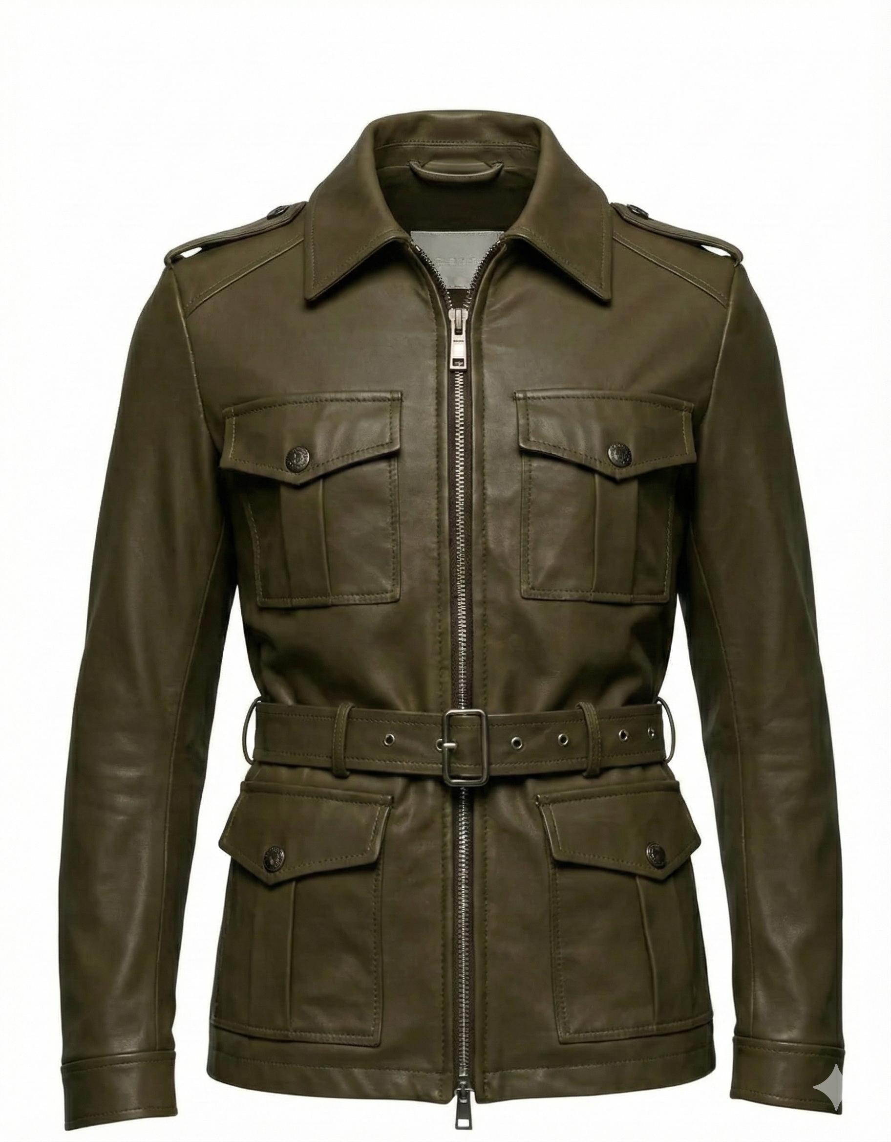 Mens Olive Green Leather Safari Jacket Genuine Field Coat Belted