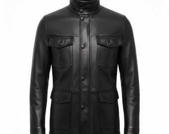 Men's Black Genuine Leather Field Jacket, Slim Fit Utility Coat with 4 Pockets, Stand Collar Military Style Outerwear, Premium Lambskin Wear