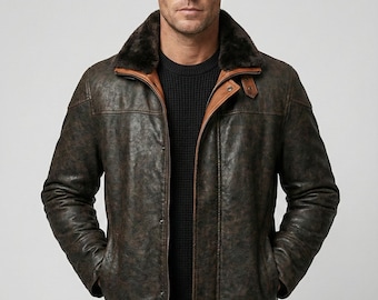 Chaqueta de cuero marrón oscuro para hombre, abrigo de invierno con cuello de piel, estilo aviador, de piel de vaca desgastada, cálida, estilo vintage, regalo para novio.