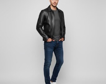 Chaqueta de cuero negra para hombre, abrigo de cuero genuino, chaqueta minimalista con cremallera, cuello clásico de camisa, regalo hecho a mano para él, ropa exterior de estilo urbano