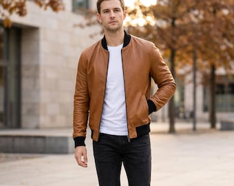 Premium Men’s Tan Brown Real Leather Bomber Jacket - Slim Fit Casual Soft Sheepskin Coat with Black Ribbed Trim - Stylish Gift for Him 2026