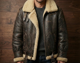 Men B3 Bomber Jacket Real Sheepskin Aviator Coat Vintage Brown Leather Shearling Pilot Fur Lined Winter Outerwear Gift For Him Warm Flying