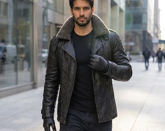 Men's Black Leather Double-Breasted Peacoat with Faux Fur Collar, Slim Fit Winter Biker Jacket, Urban Streetwear Trench Coat, Premium Gift