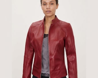 Red Leather Jacket, Women’s Biker Outerwear, Zip Up Moto Coat, Casual Fall Fashion, Vintage Style Outerwear, Slim Fit Stand Collar Clothing