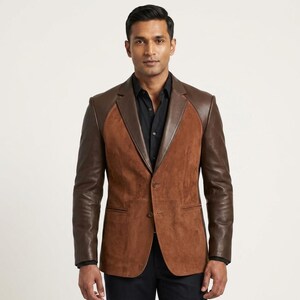 May include: A blazer featuring a combination of smooth dark brown leather sleeves and lapels with a textured rust-brown suede front panel. The garment includes a single-breasted front with two buttons and is worn over a black button-down shirt.