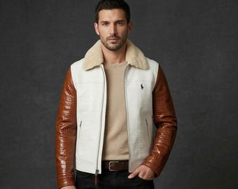 Ralph Lauren Style Men's White Faux Crocodile Leather Bomber Jacket with Brown Alligator Sleeves & Cream Shearling Collar Winter Luxury Coat