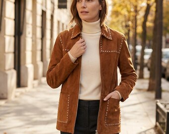 Brown Suede Studded Western Jacket for Women, Vintage Style Cognac Leather Outerwear with Silver Rivets, Boho Cowgirl Chic Fashion Coat 137