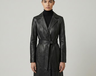 Women Black Leather Trench Coat Real Lambskin Long Jacket Belted Slim Fit Ladies Winter Overcoat Handmade Stylish Outerwear Gifts For Her