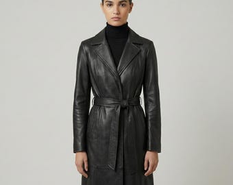 thumbnail interactive-video image 1 of Women's Genuine Leather Lambskin Long Trench Coat | Black Stylish Overcoat By King Leathers 1 of 6