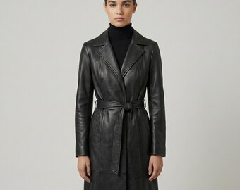 Women's Genuine Leather Lambskin Long Trench Coat | Black Stylish Overcoat By King Leathers