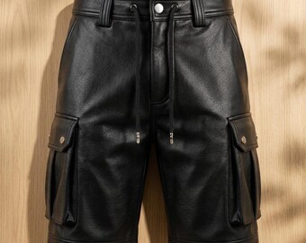 Men's Genuine Leather Cargo Shorts - Black Slim Fit Designer Streetwear, Luxury Biker Style with Drawstring Waist & Pockets, Premium Quality