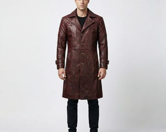 Abrigo largo de cuero burdeos para hombre, chaqueta gótica steampunk, gabardina roja, disfraz de Dante para cosplay, ropa de abrigo acolchada para motociclista y Halloween