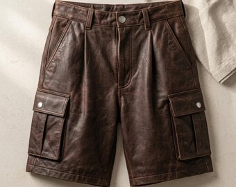 Vintage Brown Leather Cargo Shorts - Distressed Pleated Genuine Cowhide Biker Style for Men, Rugged Outdoor Casual Wear & Steampunk Fashion