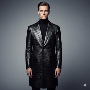 May include: A black, long leather coat with a crocodile skin texture. The coat has a notched lapel, a single-button closure, and two front pockets. The person in the image is wearing a black turtleneck.