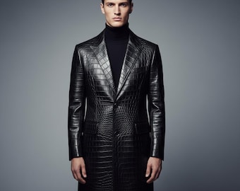 Abrigo largo de piel negra con relieve de cocodrilo para hombre - Corte ajustado - Chaqueta de invierno de lujo de un solo botón para hombre