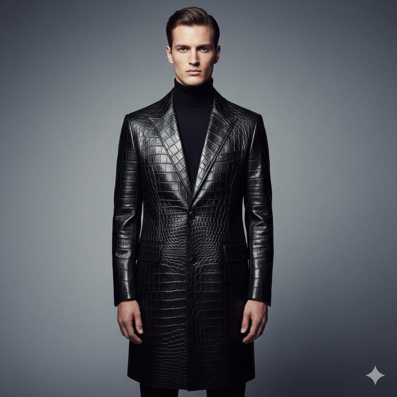 mens leather trench coat, black crocodile jacket, alligator skin overcoat, long leather jacket men, luxury winter outerwear, gothic fashion coat, matrix style clothing, embossed cowhide coat, textured leather blazer, formal menswear, gift for husband, boyfriend birthday gift, slim fit long coat, streetwear fashion, exotic skin jacket, warm winter jacket, black duster coat, single breasted trench, genuine leather apparel, bespoke mens clothing, unique fashion statement, christmas gift him