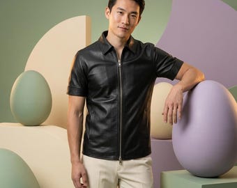 Men's Black Leather Short Sleeve Zip-Up Shirt - Genuine Slim Fit Biker Style Polo Jacket with Two-Way Metal Zipper & Classic Point Collar