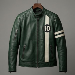 May include: Dark green leather jacket with a vertical white stripe and the number 10 on the chest. The jacket has a quilted shoulder design, two white stripes on the left sleeve, and two zippered pockets.