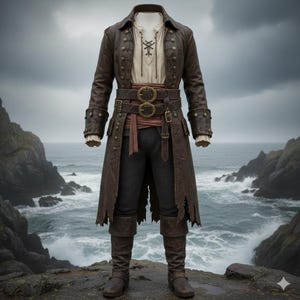 Könnte beinhalten: Ein braunes Piratenkostüm mit einem langen Mantel, einer Weste und einer Hose. Der Mantel hat mehrere Knöpfe und einen zerfetzten Saum. Das Outfit umfasst einen breiten Gürtel mit großer Schnalle, ein weißes Hemd und braune Stiefel. Der Hintergrund zeigt eine felsige Küstenlinie und das Meer.